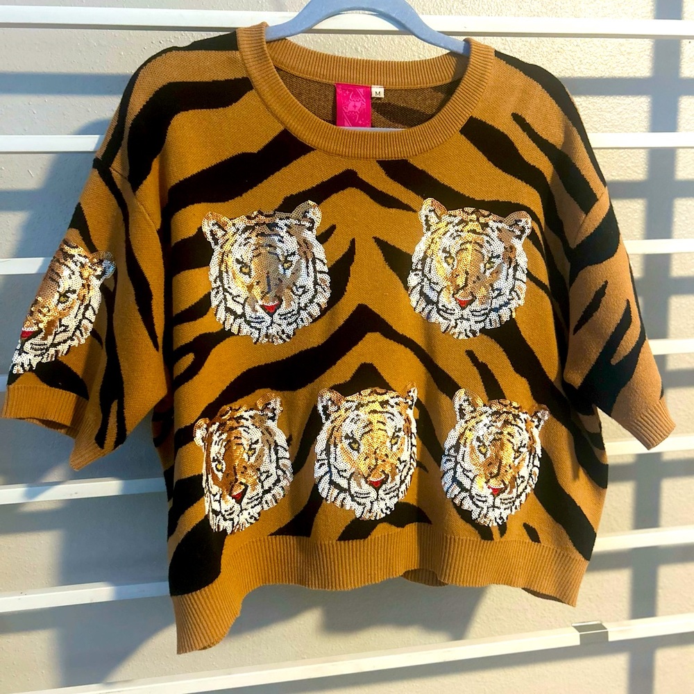 QUEEN OF SPARKLES Brown and Black Sequined Tiger Sweater